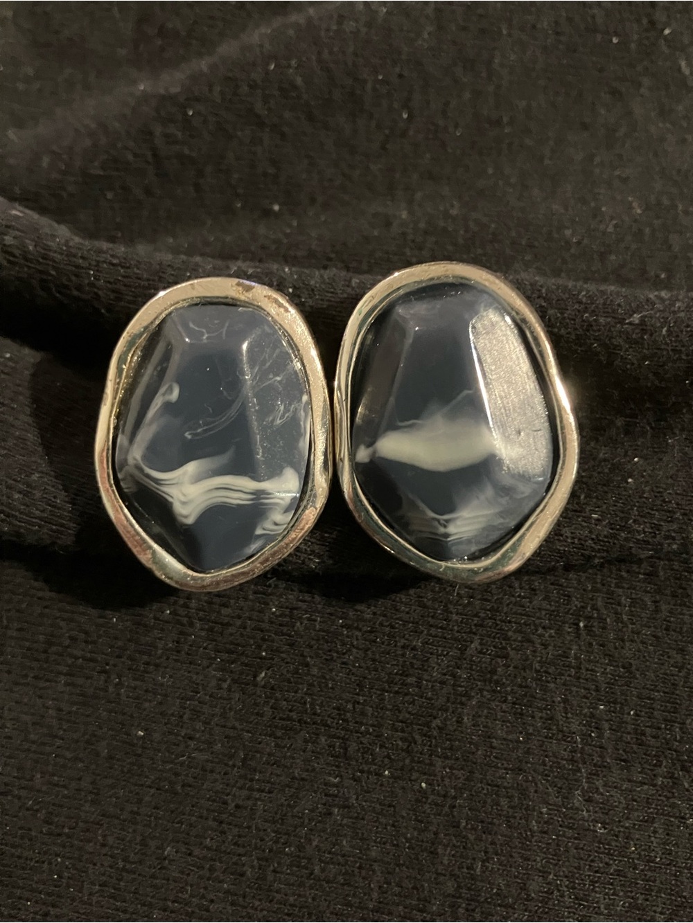 Silver-Trim Navy Marbled Oval Clip-On Earrings